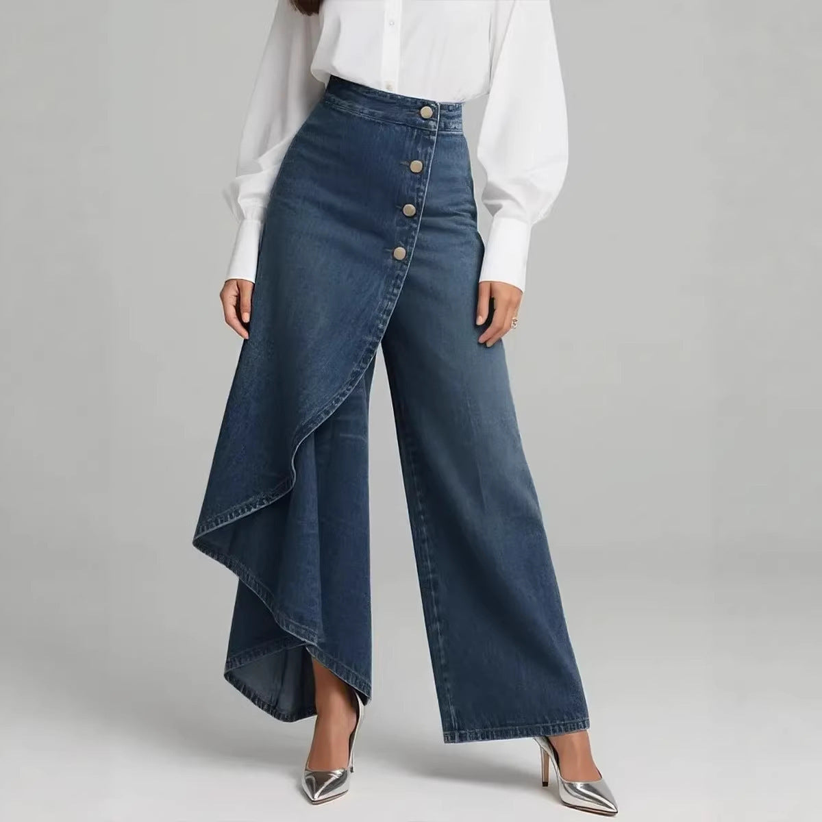 Casual Denim Print Wide Leg Pants
