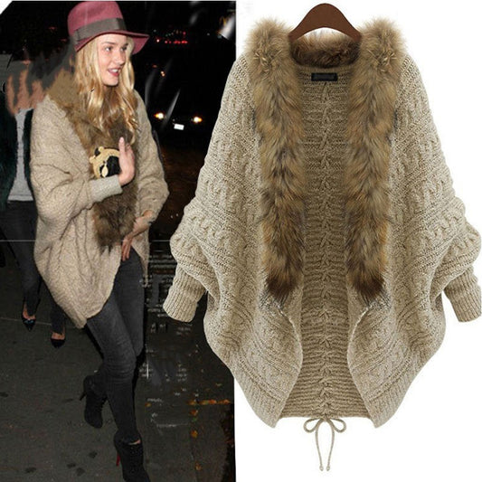 Womens Bat Sleeve Knit Cardigan with Fur Collar