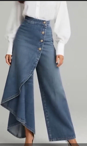 Casual Denim Print Wide Leg Pants