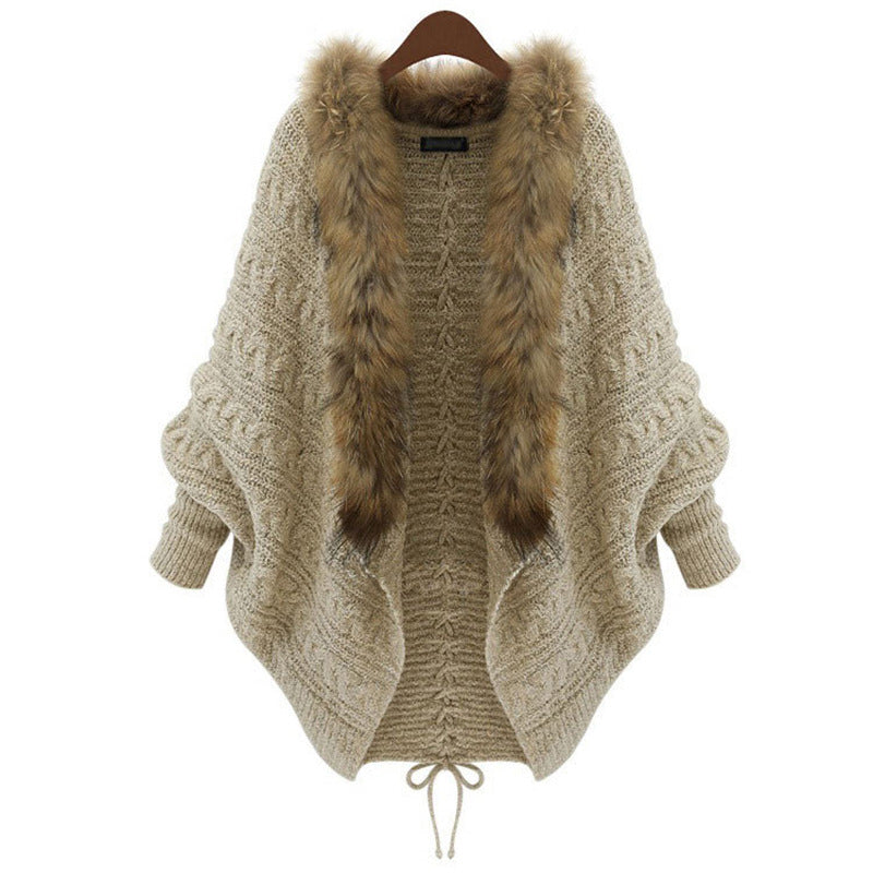 Womens Bat Sleeve Knit Cardigan with Fur Collar