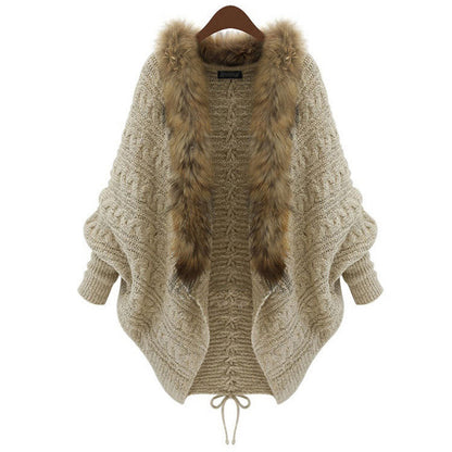 Womens Bat Sleeve Knit Cardigan with Fur Collar