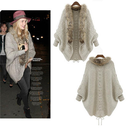 Womens Bat Sleeve Knit Cardigan with Fur Collar