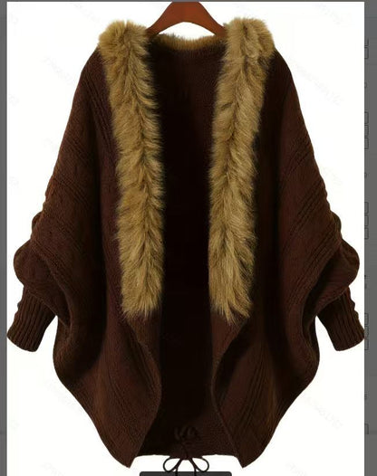 Womens Bat Sleeve Knit Cardigan with Fur Collar