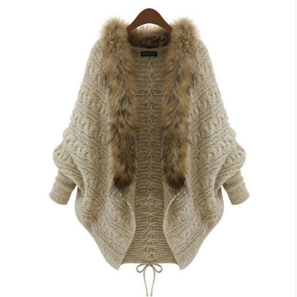 Womens Bat Sleeve Knit Cardigan with Fur Collar