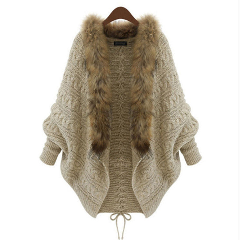 Womens Bat Sleeve Knit Cardigan with Fur Collar